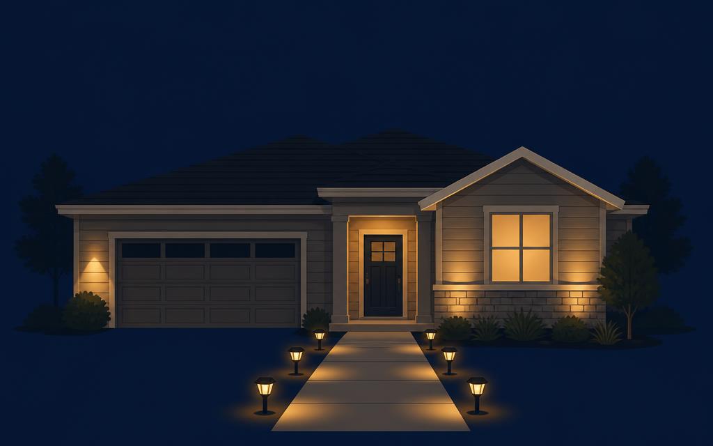 Illustration of a single-story home at night with solar path lights along the front walkway and two accent lights on the facade.