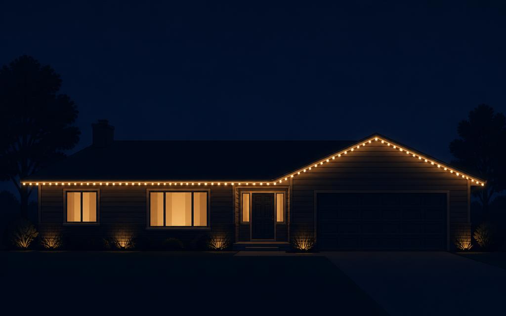 Illustration of a single-story home with warm white lights along the front roofline only.